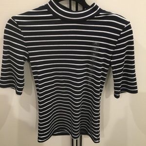 NWT 8 Seconds Korean Brand Stripe Mock Neck Tee M